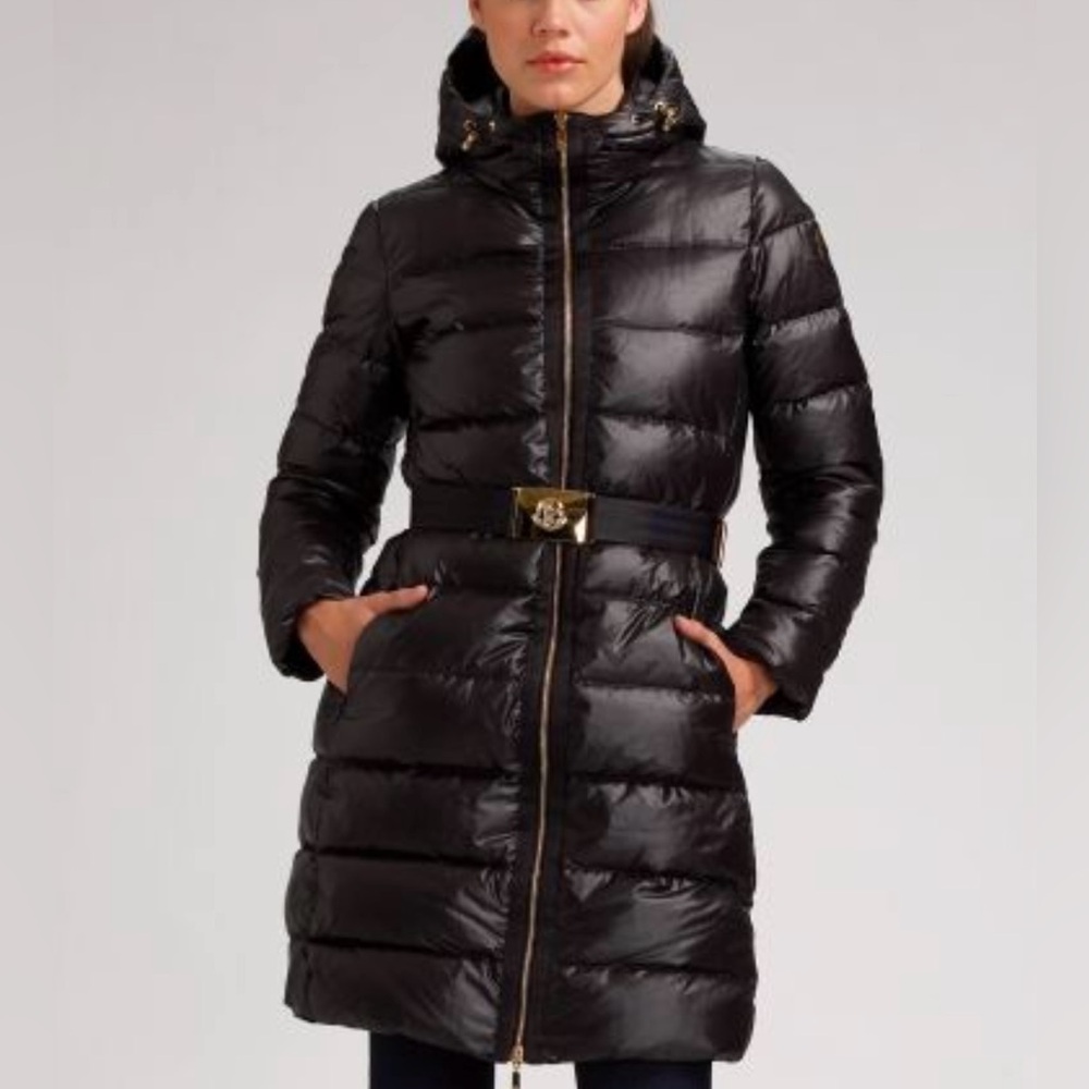 Moncler Long Down Puffer Coat Size 2 Shiny Black Insulated Hood Quilted Belted